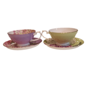 Pulichristude 2 tea and saucer set nwot yellow and purple